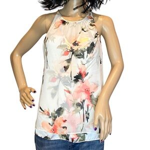 White House Black Market WHBM Floral Crew Neck Tie Back Flowy Blouse Size XS EUC